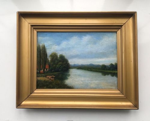 Original 19th Century Antique Monogram Signed Oil Painting on Canvas Landscape Cows Watering at Riverside