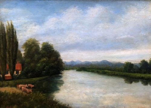 fig 1. Original 19th Century Antique Monogram Signed Oil painting on Canvas Landscape Cows Watering at Riverside