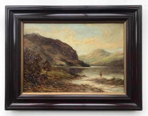 Signed C Lyons Aiken Original 19th Century Antique Oil Painting on Canvas Loch Lubnaig Scotland, Scottish Landscape with Fisherman
