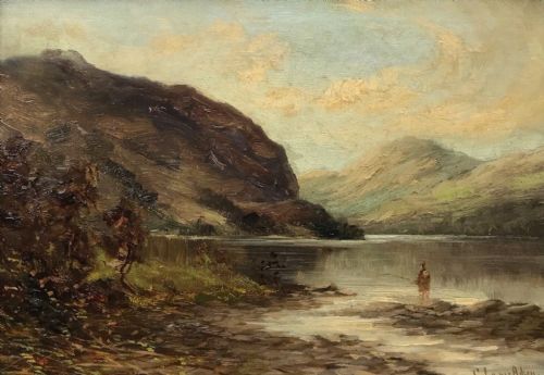 fig 1. Signed C Lyons Aiken Original 19th Century Antique Oil Painting on Canvas Loch Lubnaig Scotland, Scottish Landscape with Fisherman