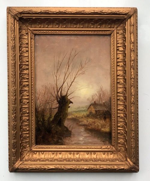 Signed with Jc Monogram Original 19th Century Antique Oil Painting on Canvas Early Morning Tree & River Landscape