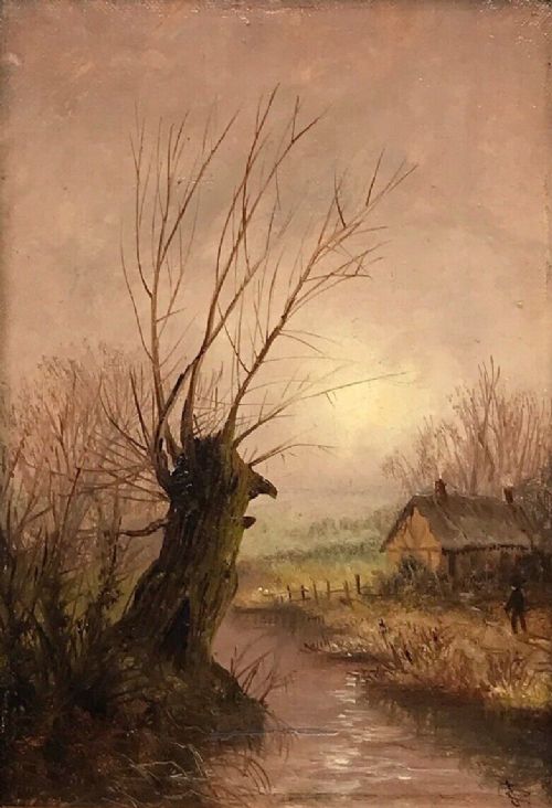 fig 1. Signed with JC Monogram Original 19th Century Antique Oil Painting on Canvas Early Morning Tree & River Landscape
