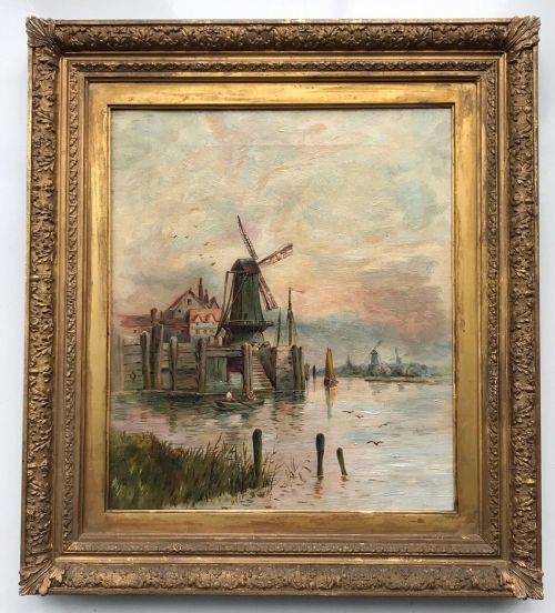 Dutch School Original 19th Century Antique Oil Painting on Canvas Rowing Past a Windmill Dutch Landscape