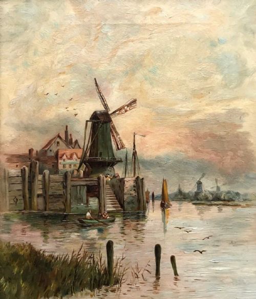 fig 1. Dutch School Original 19th Century Antique Oil Painting on Canvas Rowing past a Windmill Dutch Landscape