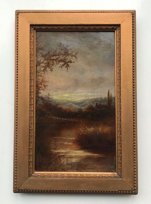 Signed J S Rolfe 97 Original 19th Century Antique Oil Painting on Canvas Sunset River & Tree English Landscape