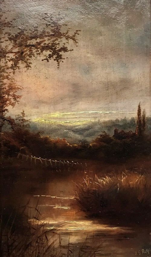 fig 1. Signed J S Rolfe 97 Original 19th Century Antique Oil Painting on Canvas Sunset River & Tree English Landscape