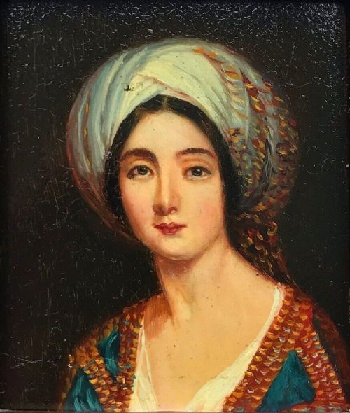 Original Late 19th Century Antique Miniature Oil Painting on Copper Portrait of a Lady Wearing a Turban
