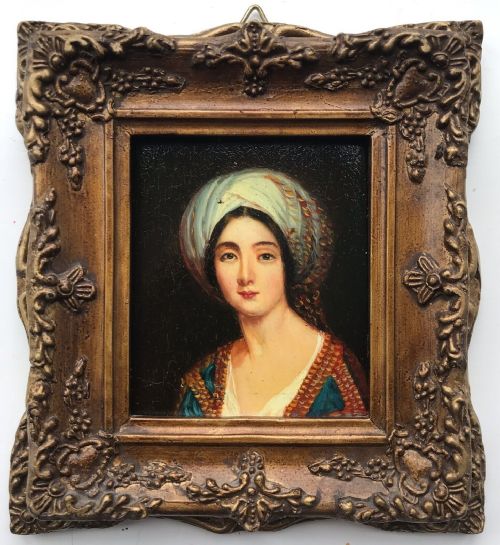 fig 1. Original Late 19th Century Antique Miniature Oil Painting on Copper Portrait of a Lady Wearing a Turban