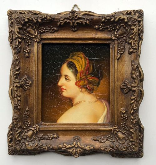Original Late 19th Century Antique Miniature Oil Painting on Copper Portrait of a Lady Wearing Pearls