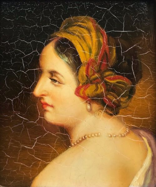 fig 1. Original Late 19th Century Antique Miniature Oil Painting on Copper Portrait of a Lady wearing Pearls