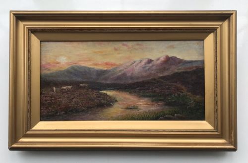 Original 19th Century Antique Oil on Canvas Landscape Painting Sheep in Scottish Highland