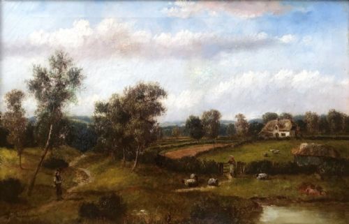 G Thompson Signed Original Antique Oil Painting on Canvas Figures & Sheep English Landscape
