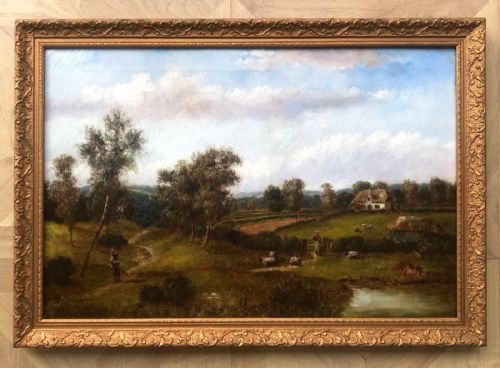 fig 1. G Thompson Signed Original Antique Oil Painting on Canvas Figures & Sheep English Landscape