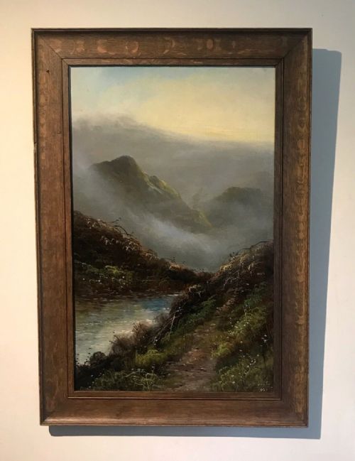 J Silvester 1920 Signed Original Antique Oil Painting Misty Highland Landscape