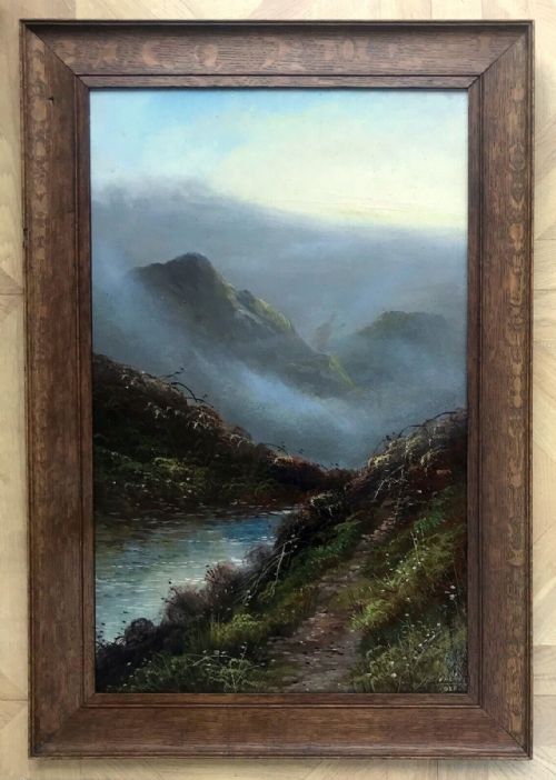 fig 1. J Silvester 1920 Signed Original Antique Oil Painting Misty Highland Landscape