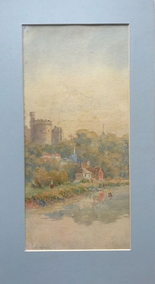 fig 1. Rob Hughes Signed Original Antique Watercolour Painting Arundel Castle and River View Sussex
