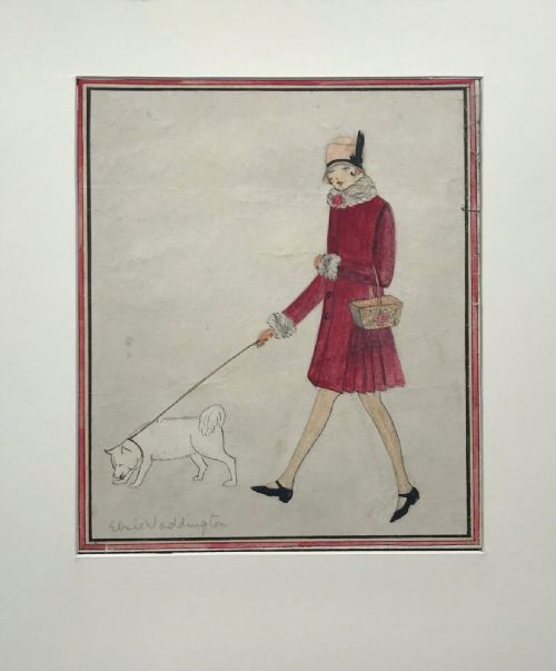 Elsie Waddington Signed Original Antique Watercolour Painting 1920'S Flapper Girl Walking a White Dog