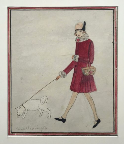 fig 1. Elsie Waddington Signed Original Antique Watercolour Painting 1920's Flapper Girl Walking a White Dog