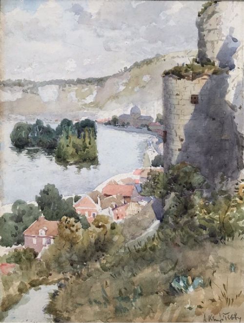 fig 1. Arthur Kemp Tebby Signed Original Antique Watercolour Painting Château-Gaillard Normandy France French Landscape