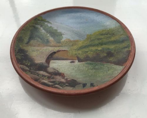fig 1. Fred Elwell RA Original Late 19th Century Antique Monogrammed Oil Painting on small Terracotta Plate, Landscape with River and Stone Bridge