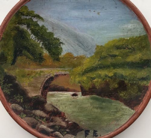 fig 2. Fred Elwell RA Original Late 19th Century Antique Monogrammed Oil Painting on small Terracotta Plate, Landscape with River and Stone Bridge