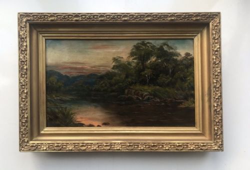 Original Late 19th Century Antique Oil Painting on Canvas Sunset River Distant Mountains Scottish Landscape