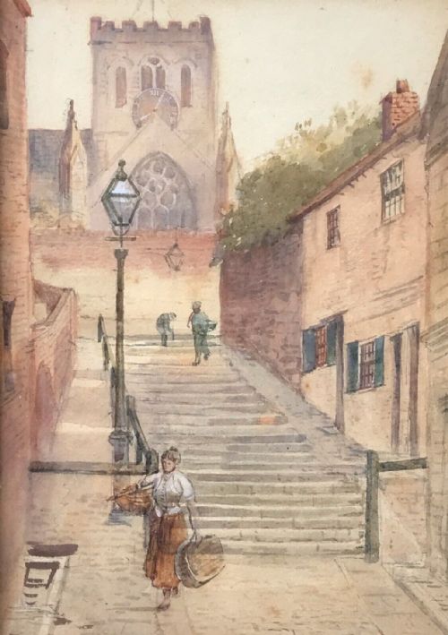 fig 1. John Wynne Williams Original Early 20th Century Antique Watercolour Painting St Marys Church & Steps Scarborough Yorkshire Landscape