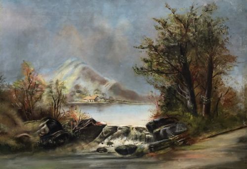 fig 1. Original Early 20th Century Antique Oil Painting on Canvas Lake & Mountain Landscape