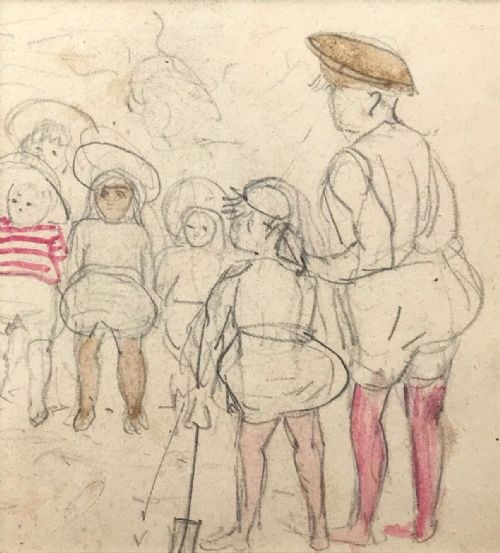Antique Victorian Original Watercolour & Pencil Miniature Drawing Sketch Painting Figures at the Seaside