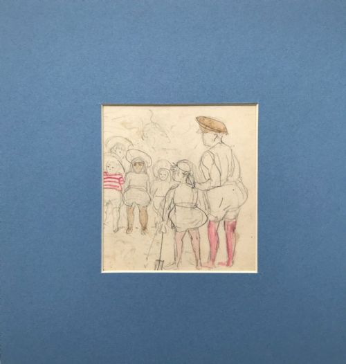 fig 1. Antique Victorian Original Watercolour & Pencil Miniature Drawing Sketch Painting Figures at the Seaside