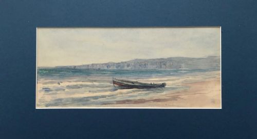 Antique Victorian Original Watercolour Painting Sketch Filey Bay with Small Fishing Boat Yorkshire Coast Landscape