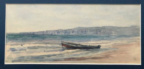 fig 1. Antique Victorian Original Watercolour Painting Sketch Filey Bay with Small Fishing Boat Yorkshire Coast Landscape