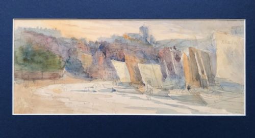 Original Victorian Antique Watercolour Painting Sketch Drawing of Scarborough Bay with Boats Yorkshire Coast Landscape