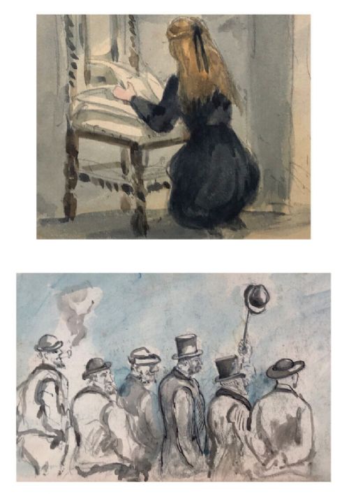 Original Antique Victorian Watercolour Sketch Drawing of a Girl Reading a Paper with Figure Painting Verso