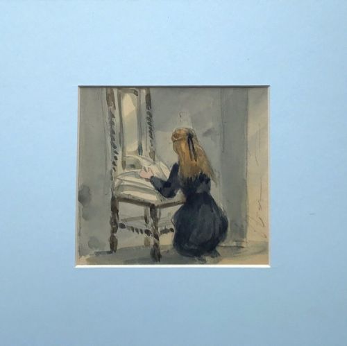 fig 1. Original Antique Victorian Watercolour Sketch Drawing of a Girl Reading a Paper with Figure Painting Verso