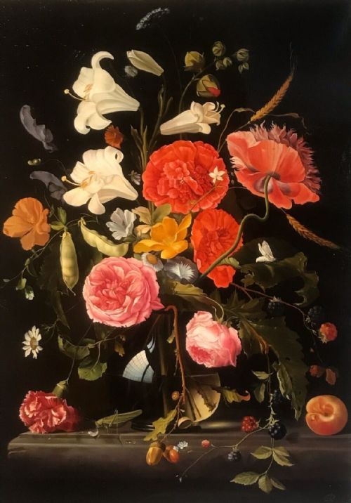 Antique Original Dutch School Still Life Oil Painting on Canvas Fruit Flowers Vase & Insects