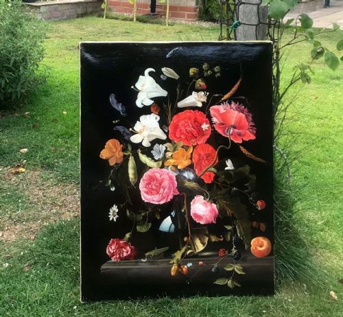 fig 1. Antique Original Dutch School Still Life Oil Painting on Canvas Fruit Flowers Vase & Insects