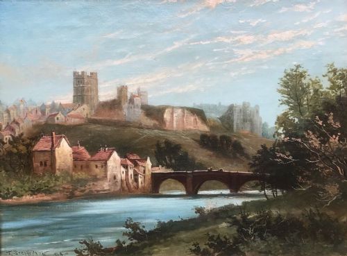 fig 1. T Stephenson Signed Original 19th Century Antique Oil Painting on Canvas Richmond Castle & River Swale Yorkshire Landscape