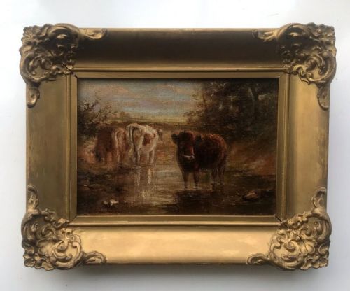 Original Indistinctly Signed 19th Century Antique Oil Painting on Canvas Cattle in a River English Landscape