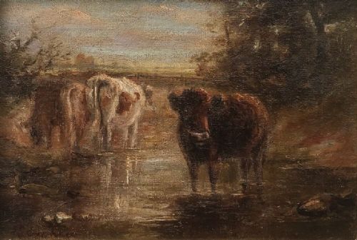 fig 1. Original Indistinctly Signed 19th Century Antique Oil Painting on Canvas Cattle in a River English Landscape