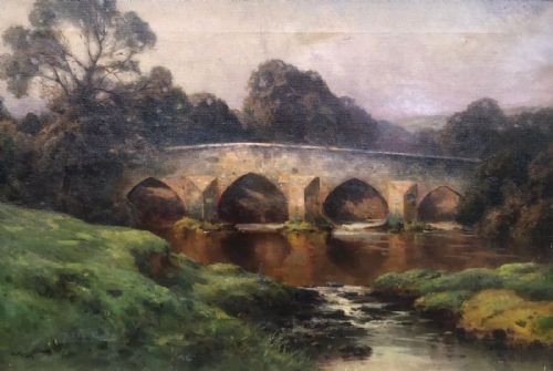 Adam Knight (British 1855-1931) Signed  Original Antique Oil Painting on Canvas Bridge & River English Landscape