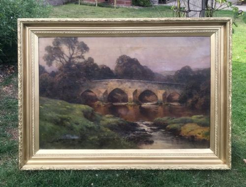 fig 1. Adam Knight (British 1855-1931) Signed  Original Antique Oil Painting on Canvas Bridge & River English Landscape