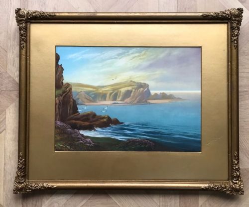Roland Stead Signed Framed Original Mid 20th Century Gouache Painting Goodrington Coast Near Torquay English Seascape