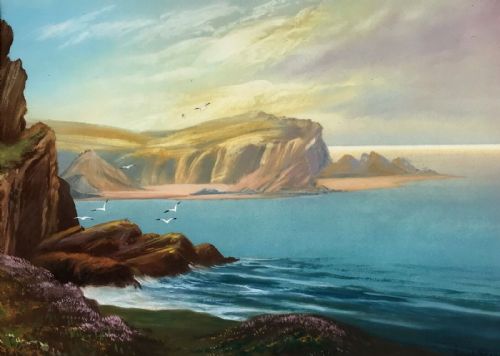 fig 1. Roland Stead Signed Framed Original mid 20th Century Gouache Painting Goodrington Coast near Torquay English Seascape