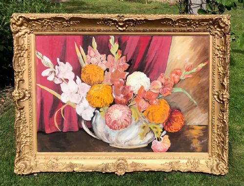 English School Original Early 20th Century Antique Gouache Still Life Painting Gladioli & Dahlias in a Bowl