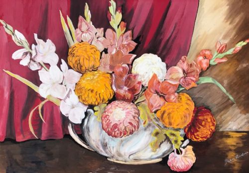 fig 1. English School Original early 20th Century Antique Gouache Still Life Painting Gladioli & Dahlias in a Bowl