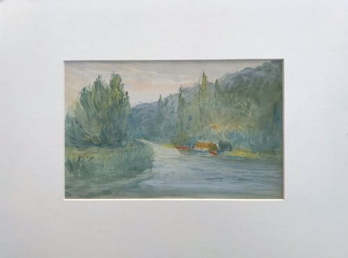 Antique Victorian Dated 1884 Original Watercolour Painting Sketch River Boats & Trees English Landscape