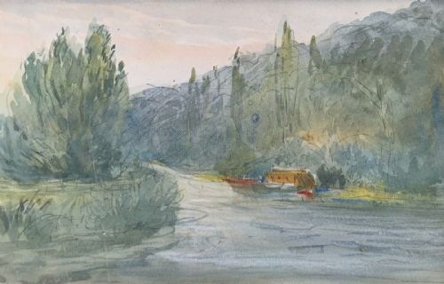 fig 1. Antique Victorian Dated 1884 Original Watercolour Painting Sketch River Boats & Trees English Landscape