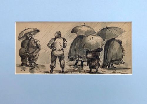 Antique 19th Century Original Watercolour Painting Ink Sketch Victorian Figures Standing in the Rain with Umbrellas
