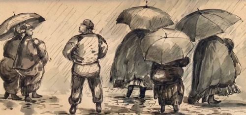 fig 1. Antique 19th Century Original Watercolour Painting Ink Sketch Victorian Figures standing in the Rain with Umbrellas